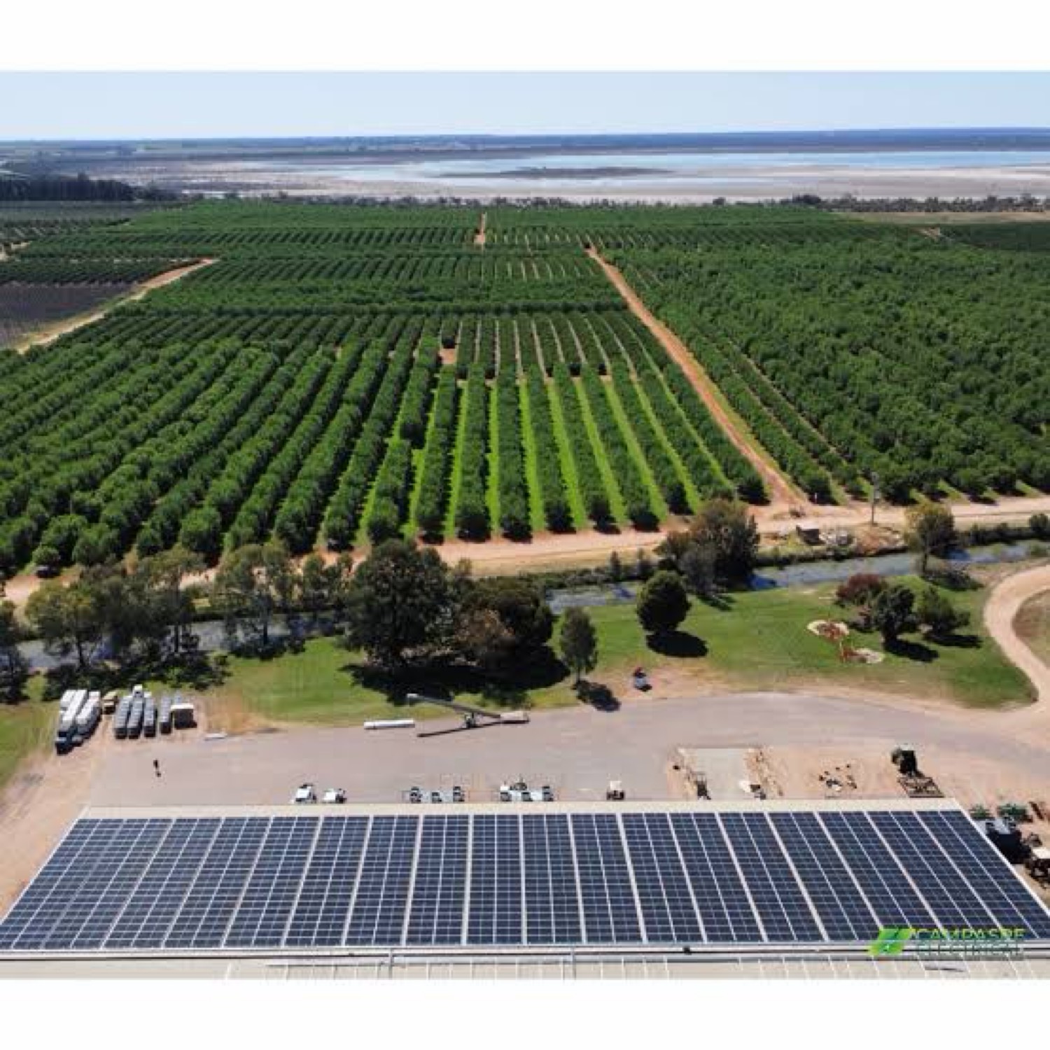 Large commercial rooftop solar array overlooking orchards